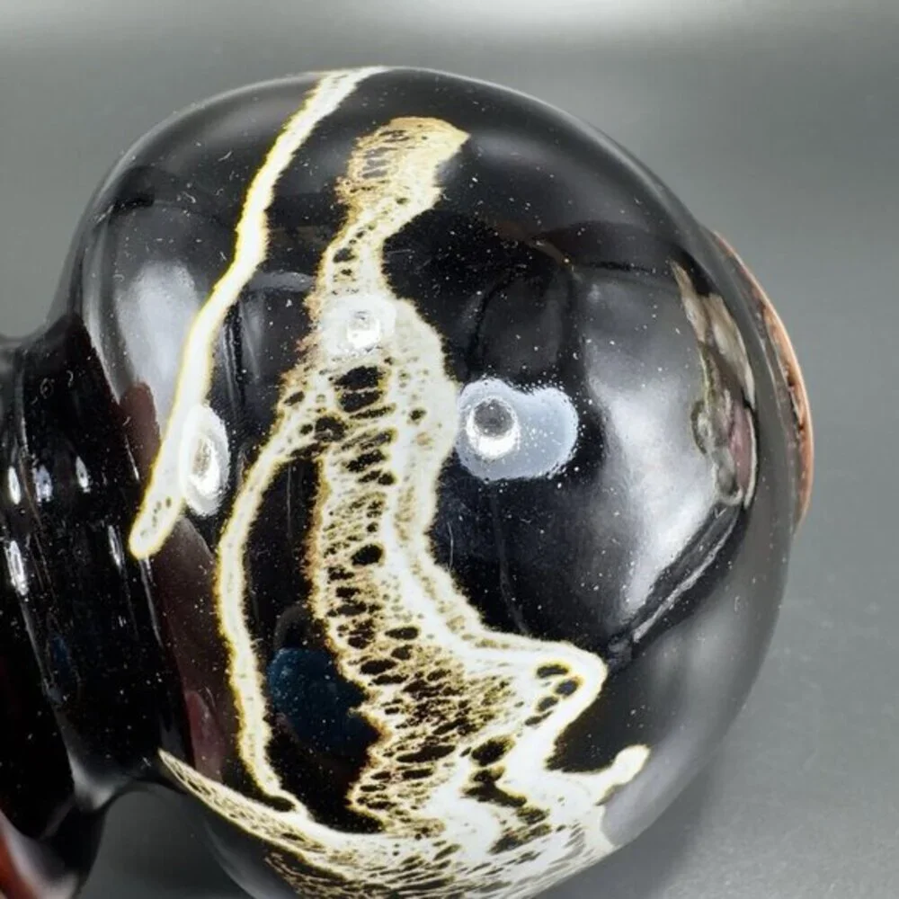 Vintage 1980s Speckled Drip Glaze‎ Pottery Round Bottom Vase Vessel Marked VTG